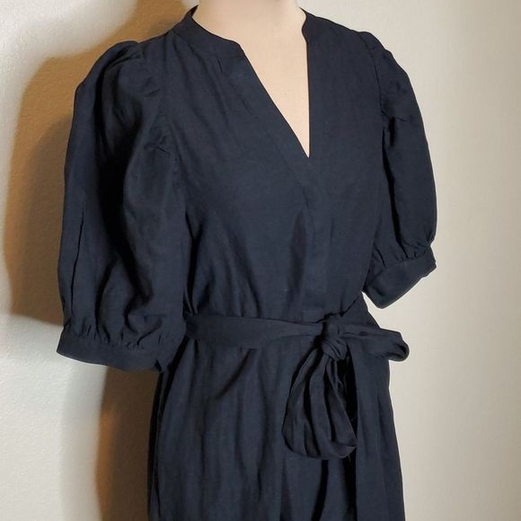 Ann Taylor Medium Black Linen blend Belted Midi Shirtdress Puff Sleeves - Picture 5 of 12